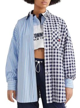 Camisa Tommy Jeans Faixa Gingahm Azul Mulher