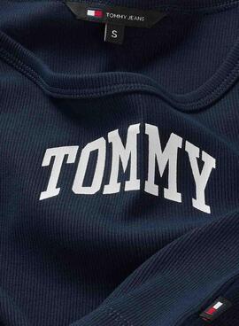Top Tommy Jeans Varsity azul marino para mulher.