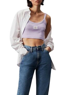 Top Calvin Klein Woven Label tecido canelado lilás para mulher