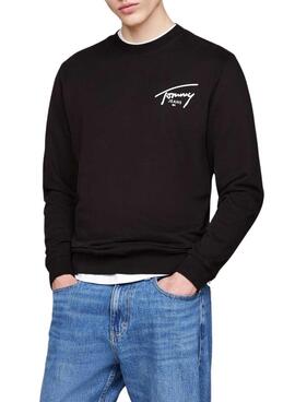 Moletom Tommy Jeans Logo Signature Crew preto para homem.
