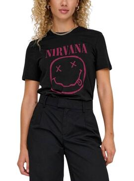 Camiseta Only Nirvana Preto e Rosa para mulher