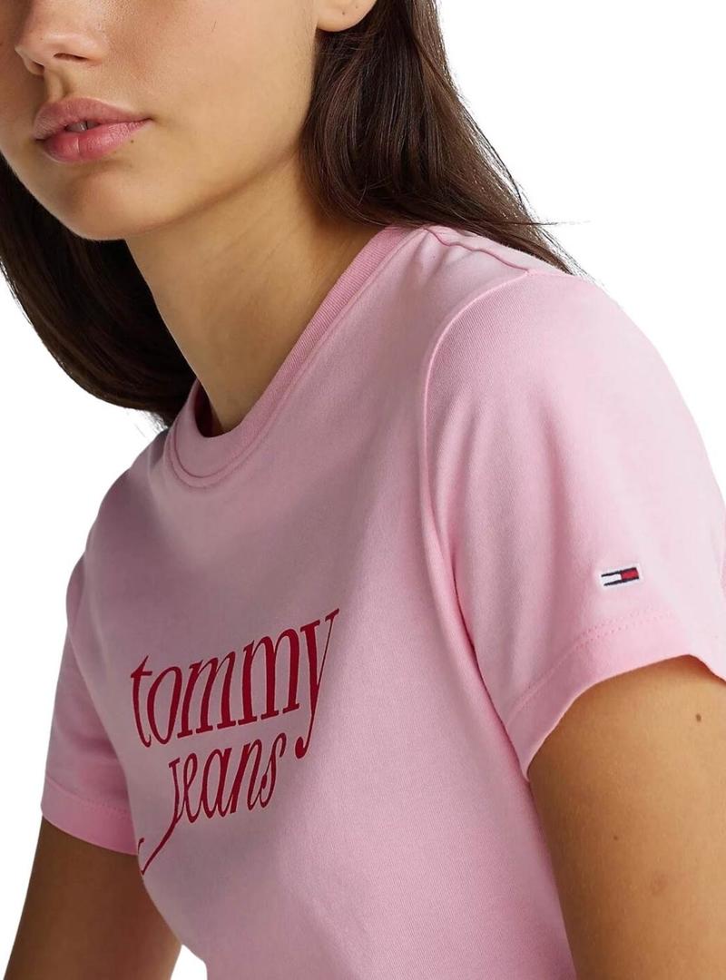 Camiseta Tommy Jeans Slim Essential rosa para mulher.