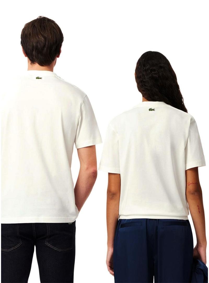 Camisa Lacoste com logo estampado em branco para homens e mulheres.