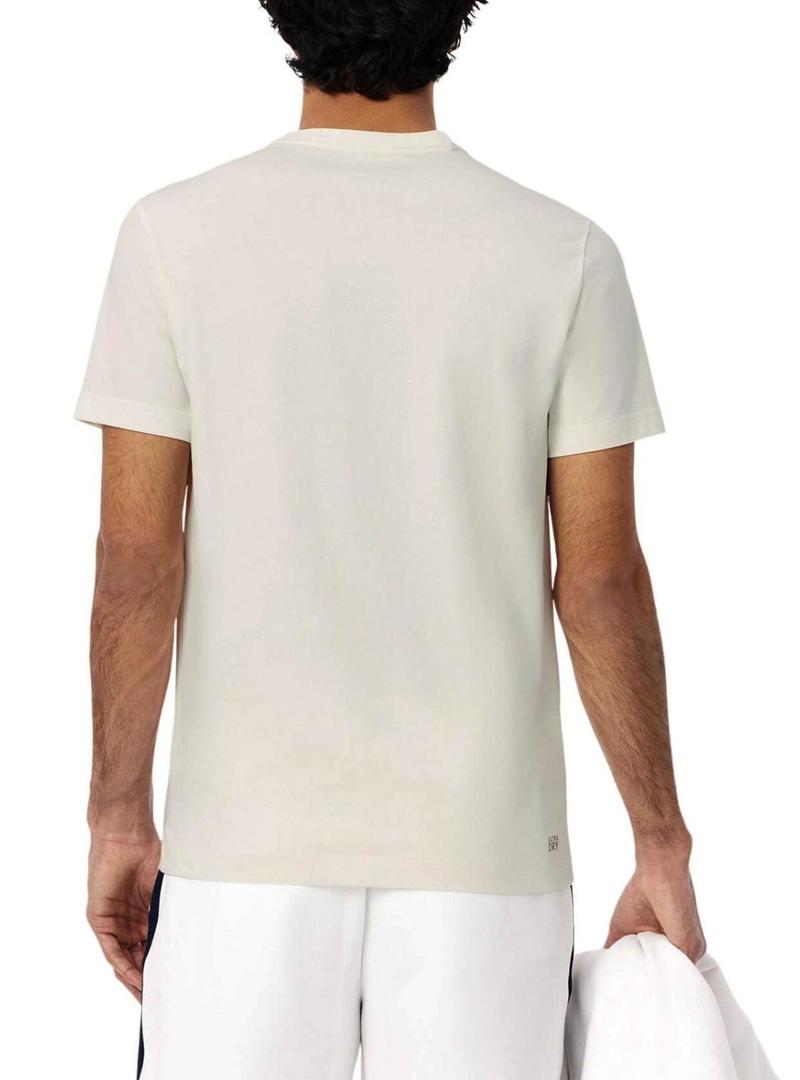 Camisa de tênis Lacoste com estampa René Lacoste bege para homem.