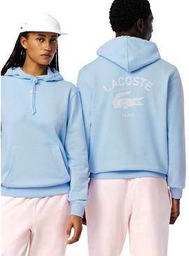 Moletom Lacoste com capuz estampado azul para homem e mulher.