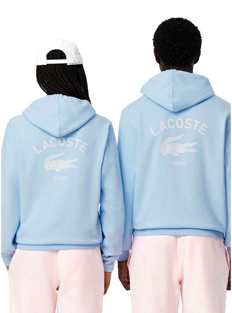 Moletom Lacoste com capuz estampado azul para homem e mulher.