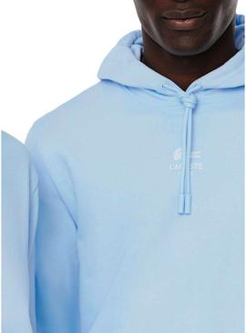 Moletom Lacoste com capuz estampado azul para homem e mulher.