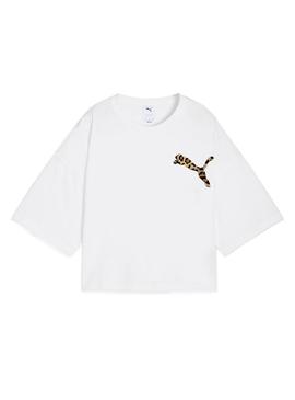 Camiseta Puma Leo Luxe branca para mulher.