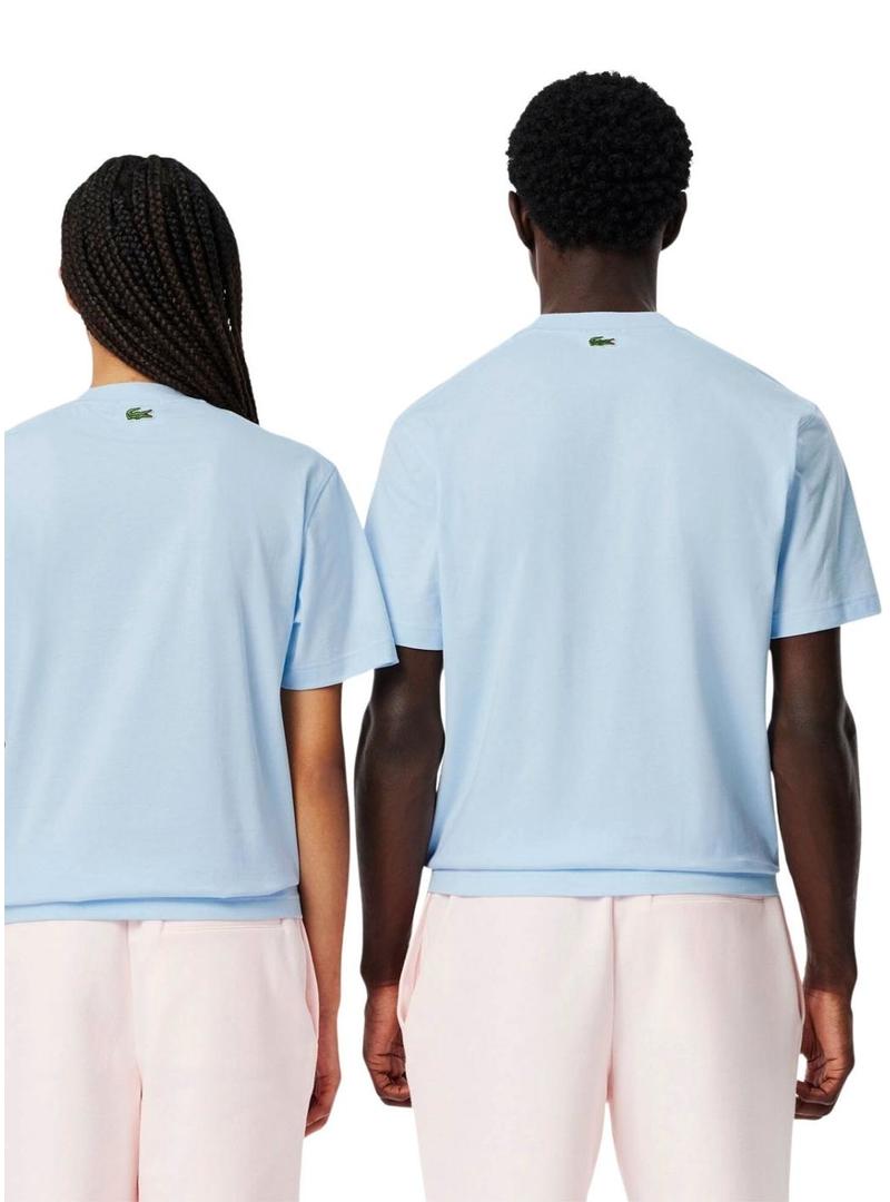 Camiseta Lacoste com estampa de logo azul para homens e mulheres.
