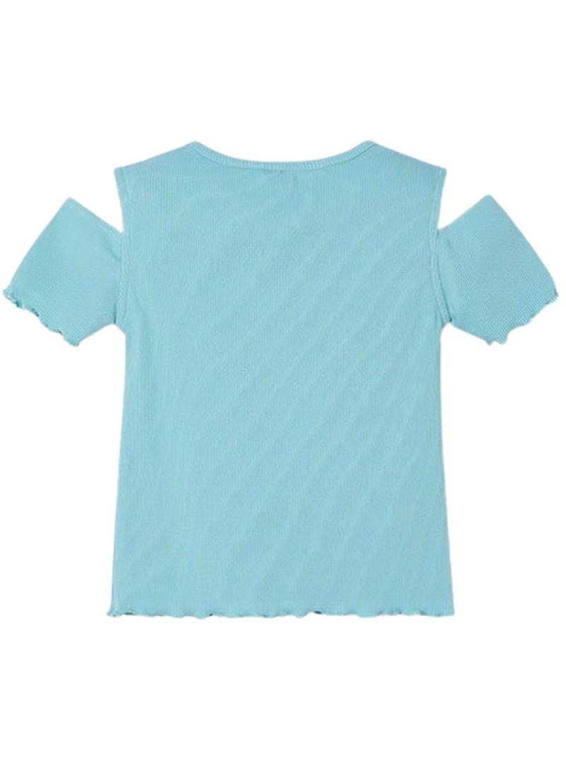 Camiseta Mayoral azul recortada para menina.