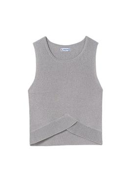 Top de malha canelada prateada para menina.
