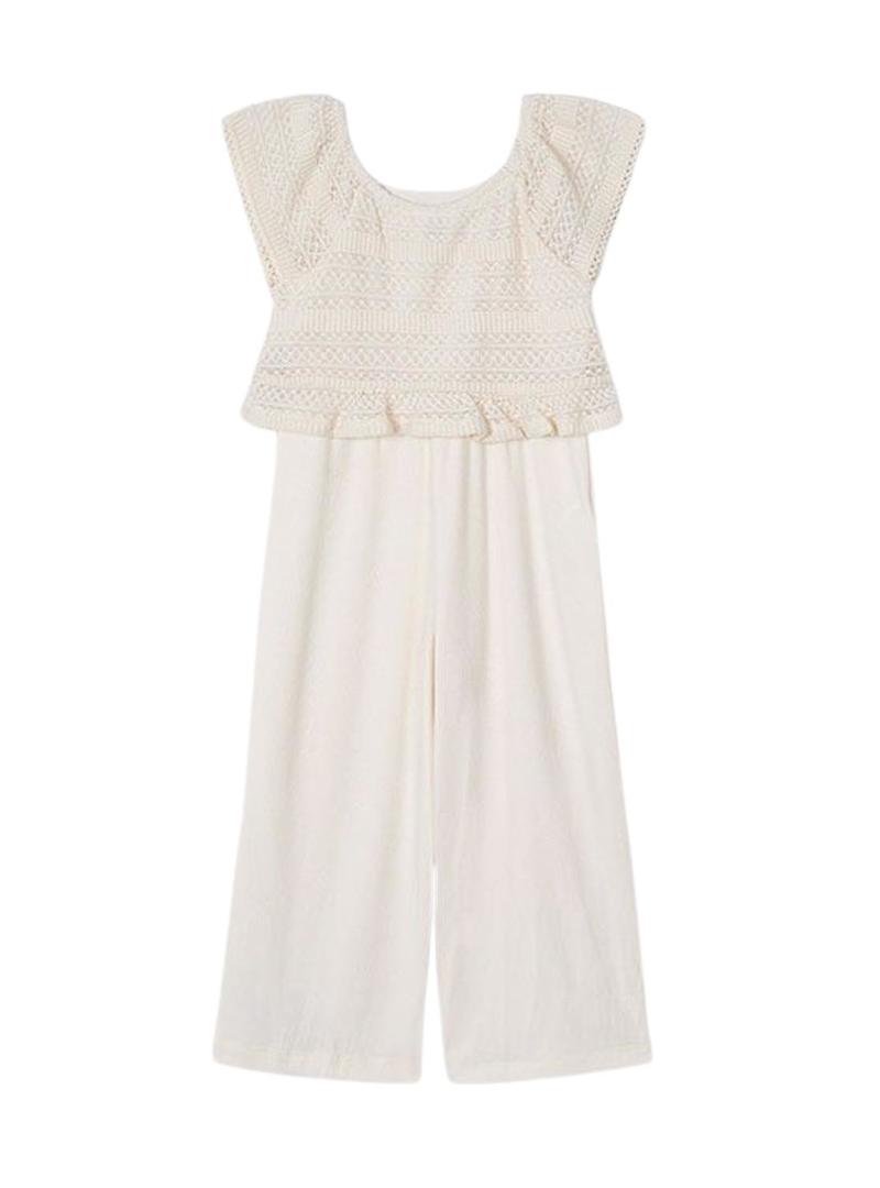Overall Mayoral combinado crochê bege para menina.