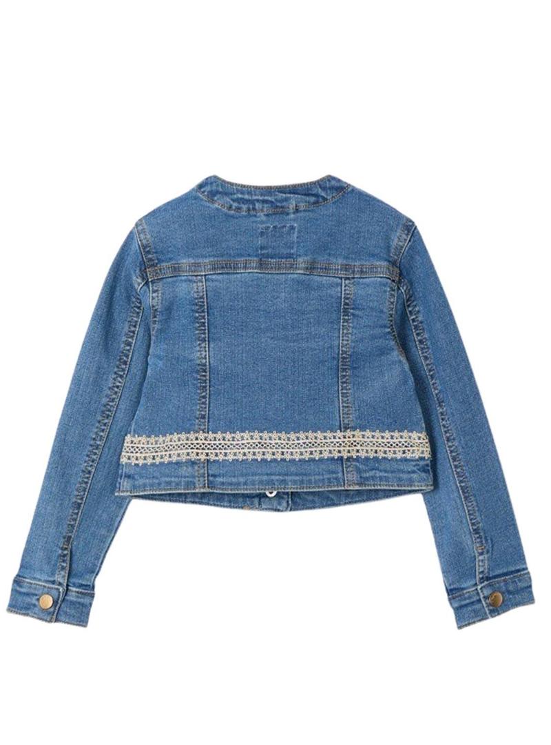 Caçadora de ganga Mayoral em azul médio com detalhes em guipir para menina.