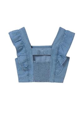 Top de alças fluidas azul com folhos para menina.