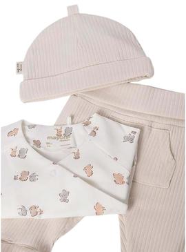Conjunto de 3 peças Mayoral, polaina e gorro bege para bebê.