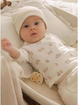 Conjunto de 3 peças Mayoral, polaina e gorro bege para bebê.