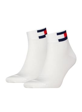 Pacote de dois pares de meias Tommy Jeans Uni Quarter Flag brancas para homem e mulher.