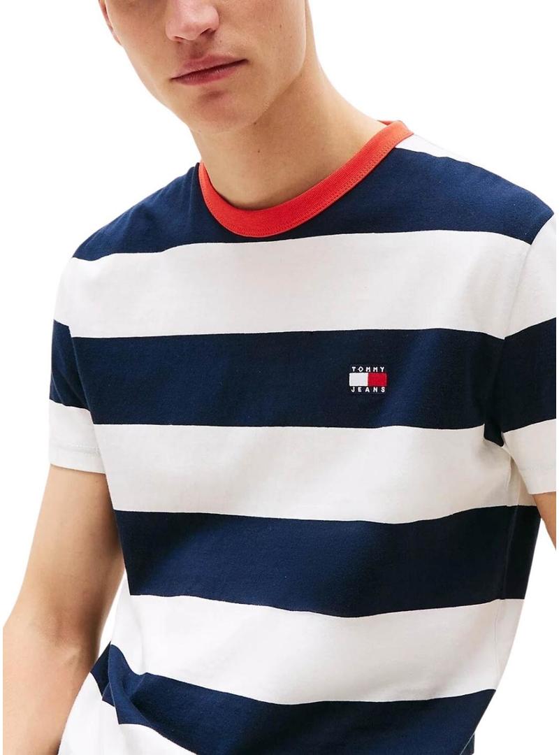 Camiseta Tommy Jeans Stripe azul e branco para homem.