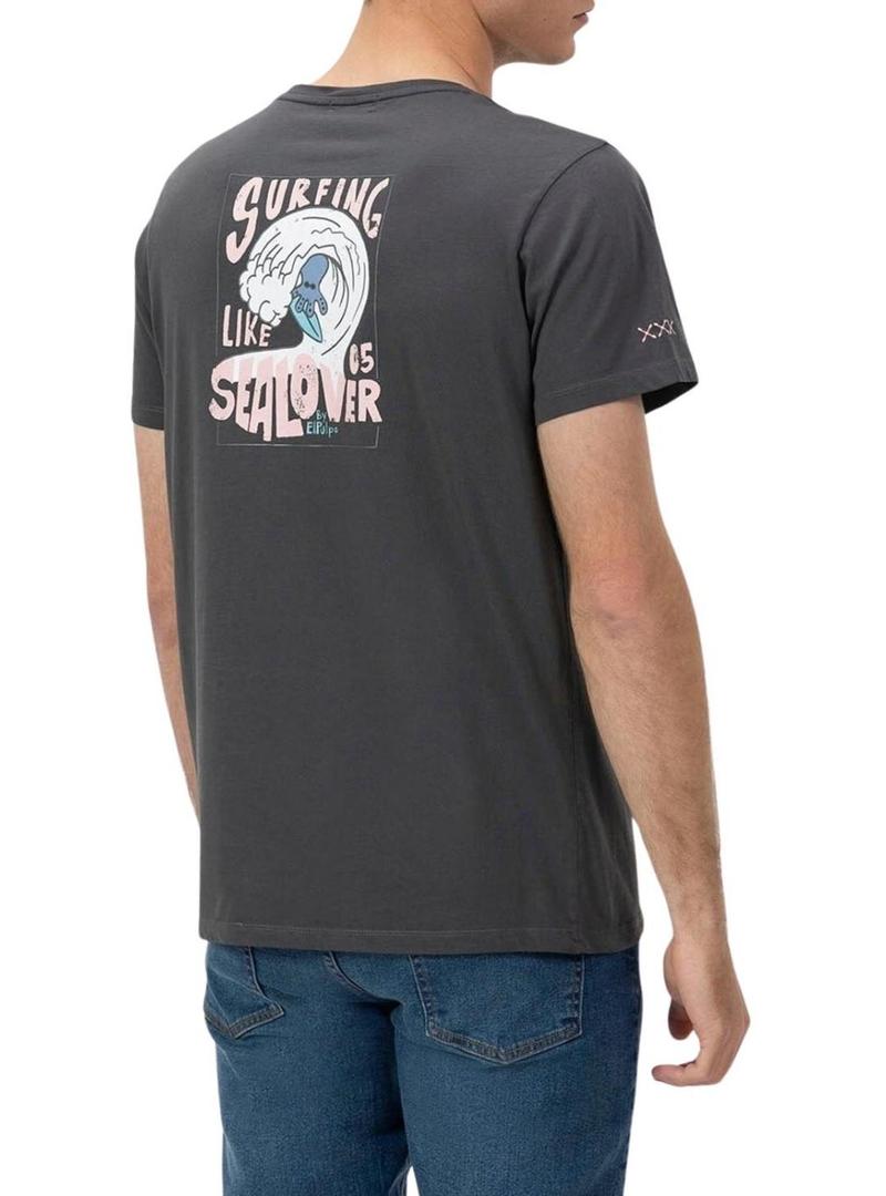 Camiseta  El Pulpo estampado Surfando Ondas cinza para homem