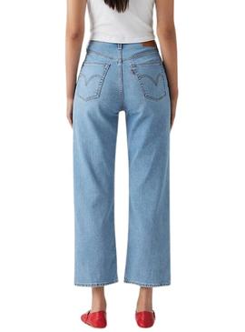 Calça jeans Levis Ribcage reta tornozelo azul para mulher.