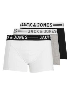 Pacote de 3 cuecas Jack and Jones Sense preto, cinza e branco para homem.