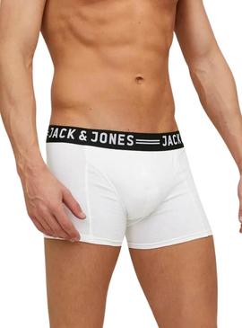 Pacote de 3 cuecas Jack and Jones Sense preto, cinza e branco para homem.