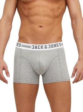 Pacote de 3 cuecas Jack and Jones Sense preto, cinza e branco para homem.