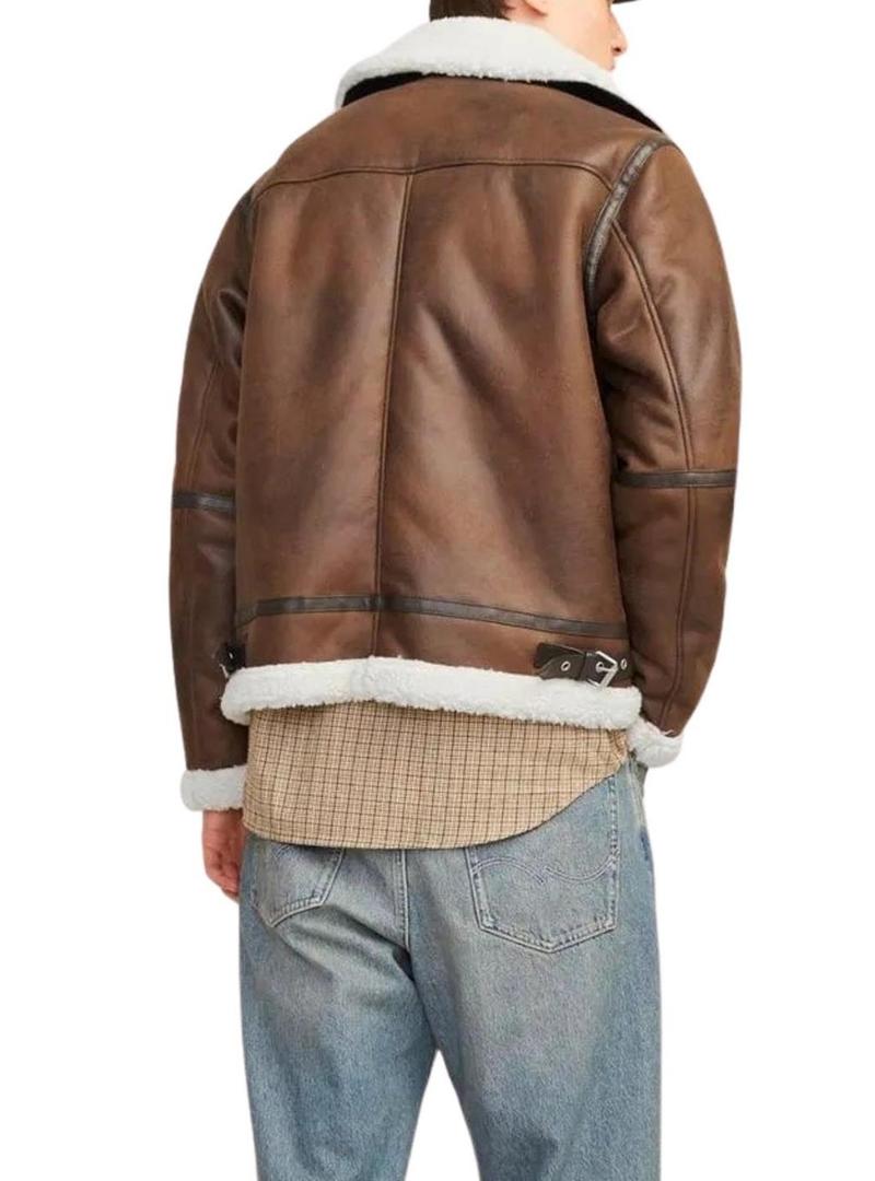 Jaqueta de aviador Jack and Jones marrom com forro de lã de carneiro para homem.