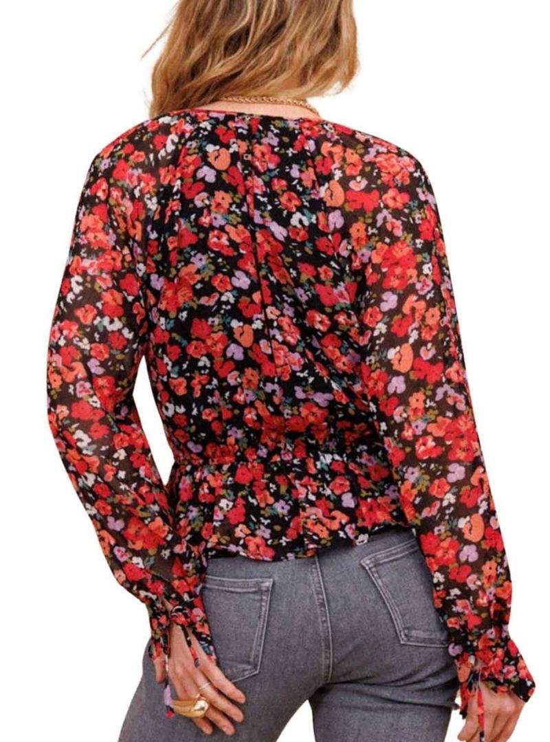 Camisa Naf Naf Disty estampada de flores vermelhas para mulher.