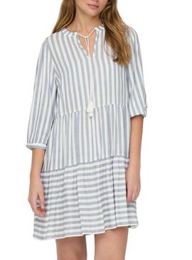 Vestido Only Kaya 3/4 Puff listrado branco para mulher