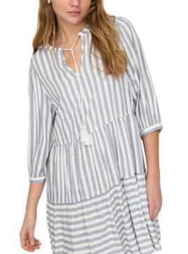 Vestido Only Kaya 3/4 Puff listrado branco para mulher