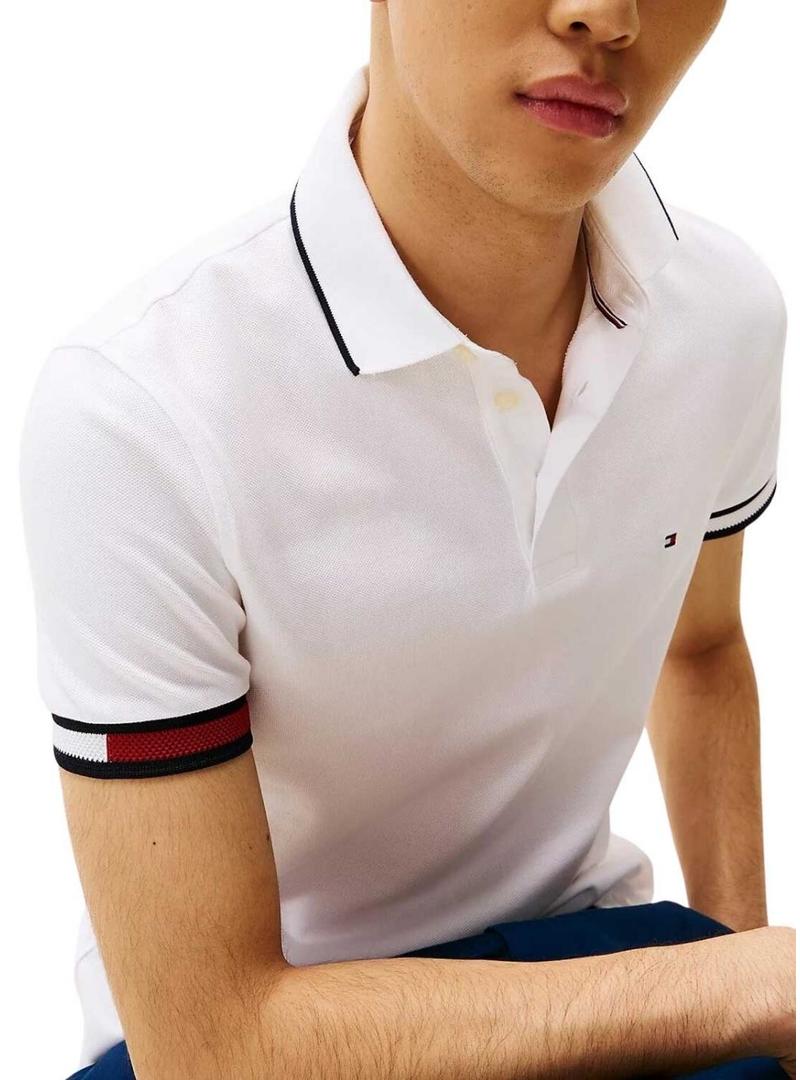 Camisa Polo Tommy Hilfiger Flag Cuff branca para homem.