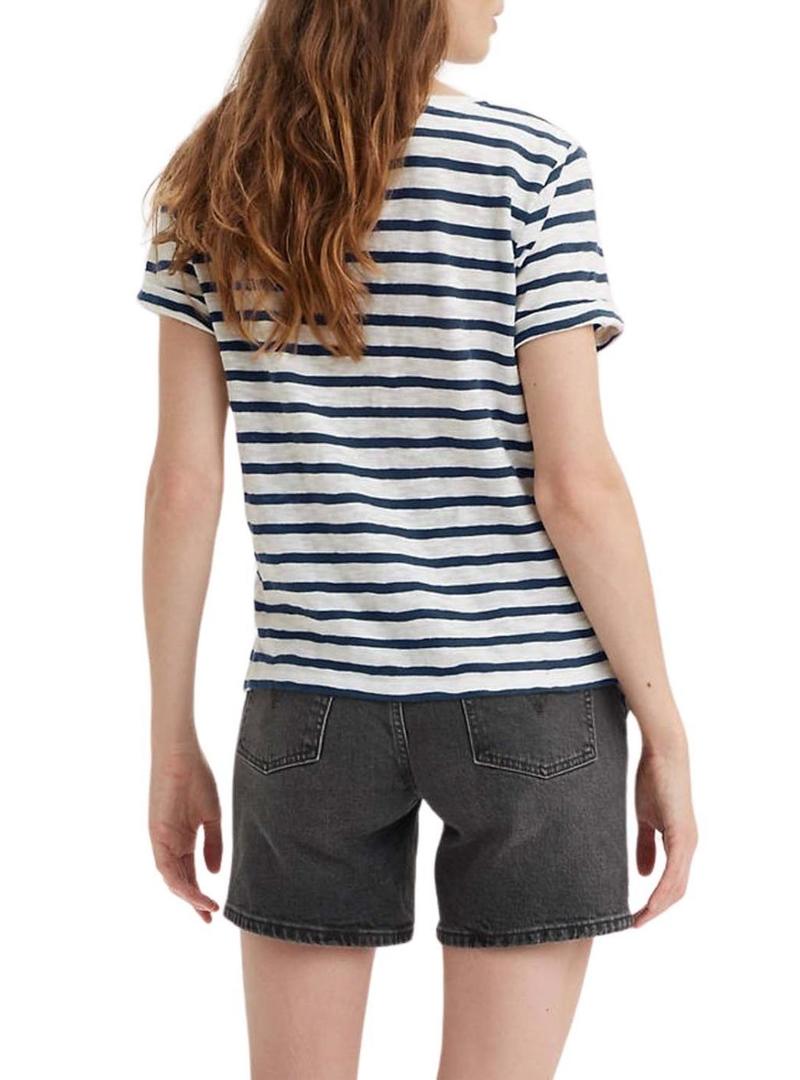 Camiseta Levi's Margot listrada branca e azul para mulher.