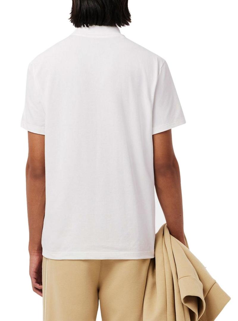 Camisa polo Lacoste branca com detalhes nas bordas para homem.
