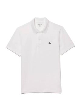 Camisa polo Lacoste branca com detalhes nas bordas para homem.