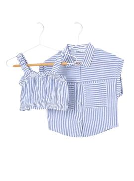 Camisa Mayoral listrada azul para menino.