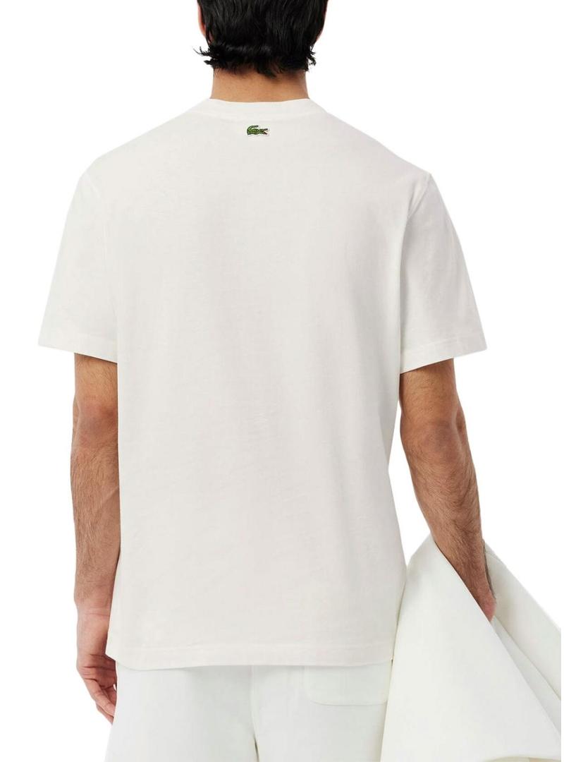 Camiseta Lacoste logo branco e azul para homem.