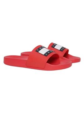 Chinelos Tommy Jeans Pool Slide vermelhos para mulher.
