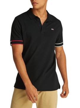 Camisa Polo Tommy Jeans Slim Flag preta para homem.