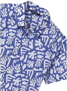 Camisa Mayoral estampada azul para menino.