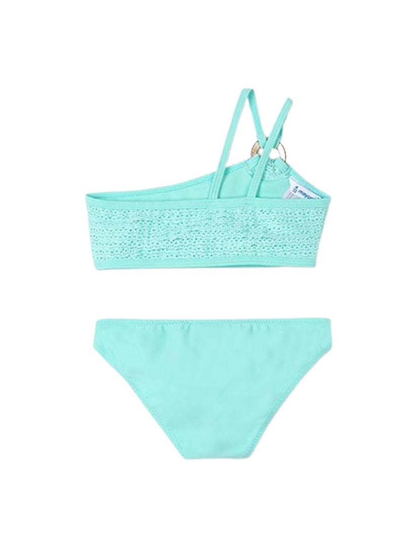 Biquíni Mayoral com babados e argolas turquesa para menina.