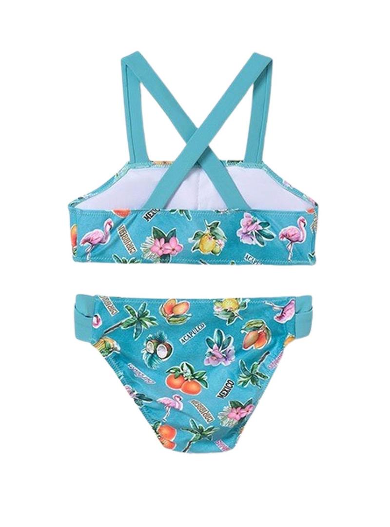 Biquíni Mayoral estampado turquesa para menina.