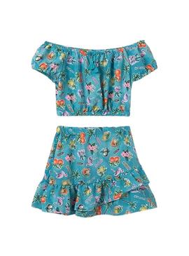 Conjunto Mayoral saia e top estampado turquesa.