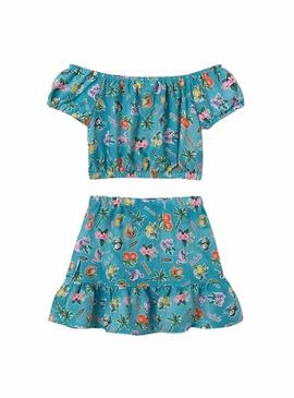 Conjunto Mayoral saia e top estampado turquesa.
