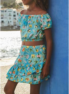 Conjunto Mayoral saia e top estampado turquesa.