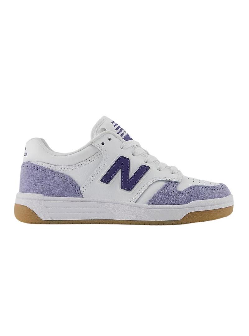 Ténis New Balance PSB480 branco e malva para crianças.