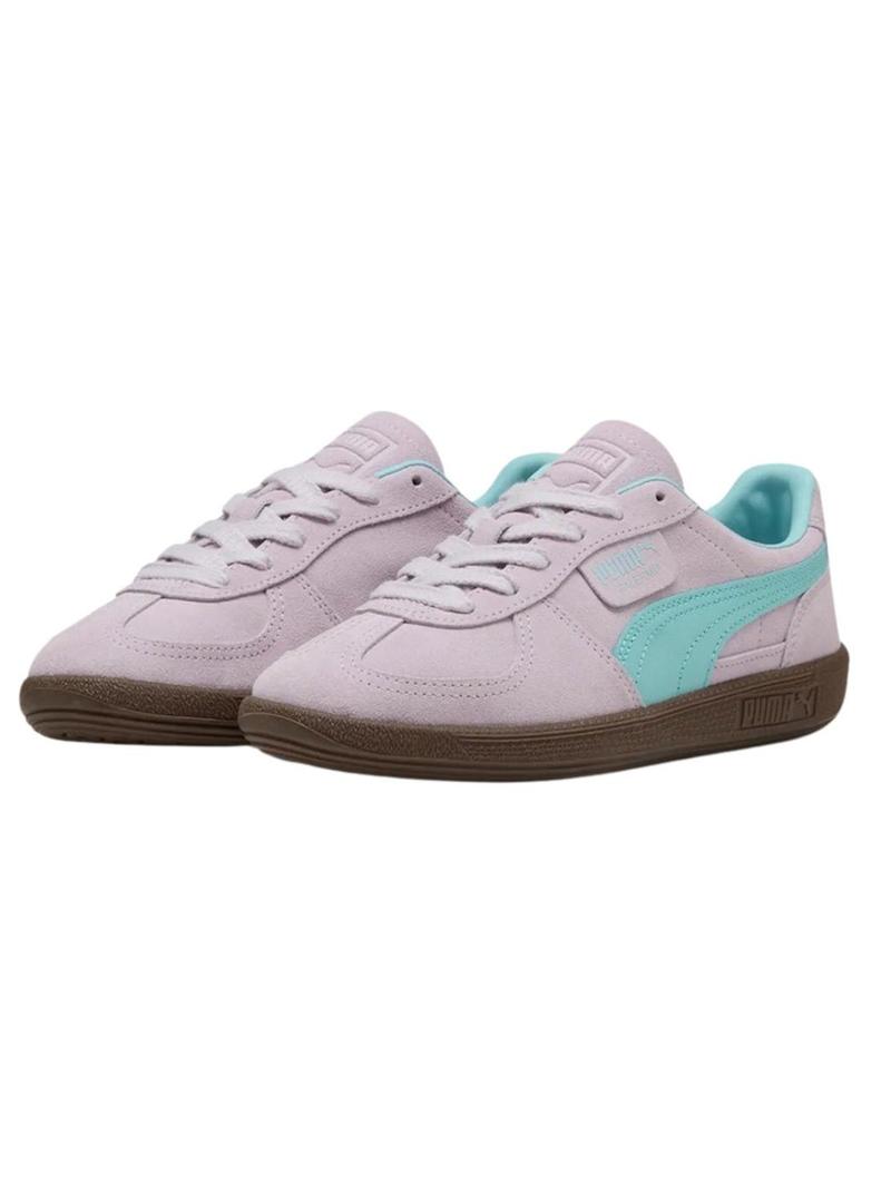 Sapatilhas Puma Palermo rosa e turquesa para mulher.