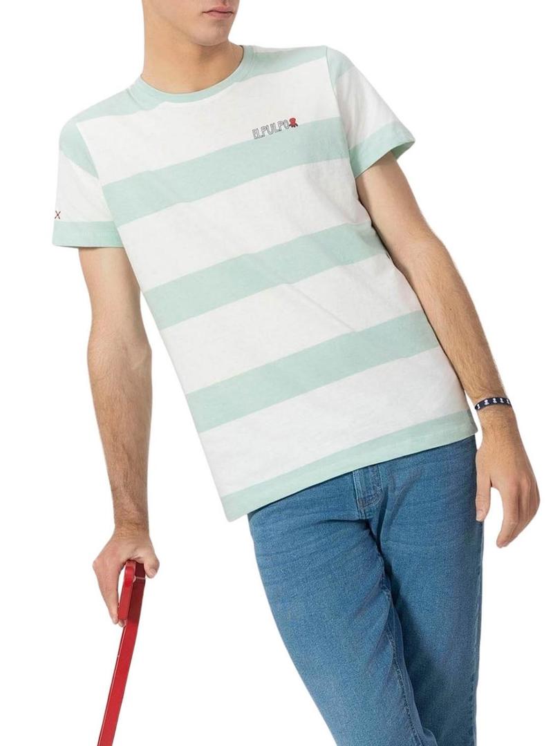 Camiseta   El Pulpo Listras turquesa e branca para homem