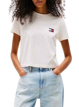 Camisa Tommy Jeans Flag branca para mulher.