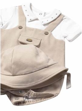 Macacão, colete e chapéu Mayoral bege para bebê.